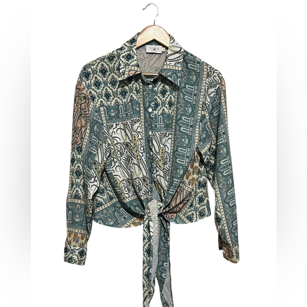 Mun Tie-Front Paisley Button-Up Blouse Green Multi Size Small Business Office